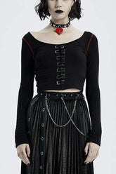 T-shirt punk pour femme à manches longues et col rond noir avec œillets carrés en métal à l'avant, court et moulant